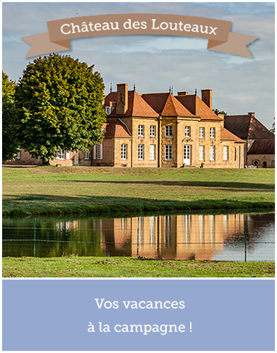 Image de pop up montrant le château des Louteaux derrière l'étangs du domaine